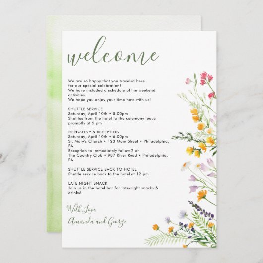 の結婚歓迎バッグレター旅程ワイルドフラワー シーズンカード (正面/裏面)