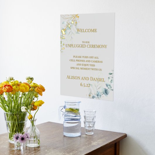 の結婚歓迎淡い色ののセージ緑の葉 箔ポスター (レイダウン (キッチン))