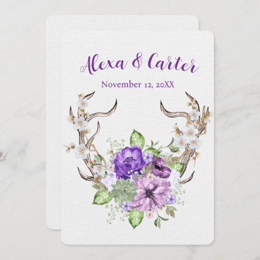 の結婚水の色の鹿のアントラーブーケ 招待状 (正面/裏面)