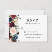 の結婚水エレガント色ブルゴーニュフローラブルー 出欠カード (正面)