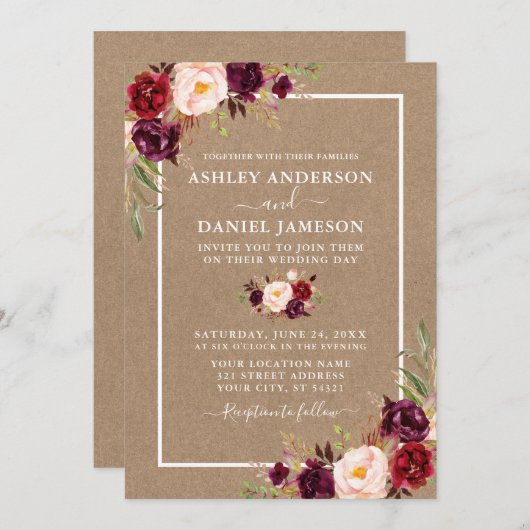 の結婚水カラーバーガンディフローラクラフト 招待状 (正面/裏面)