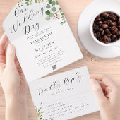 の結婚水モダン色の葉シックQRコード オールインワン招待状