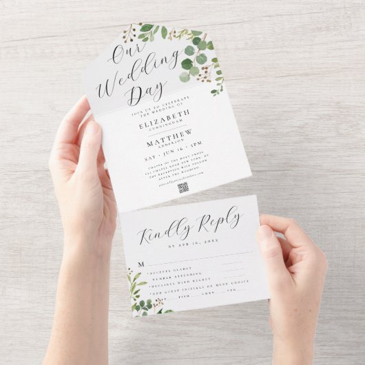 の結婚水モダン色の葉シックQRコード オールインワン招待状 (貼ってはがせる)