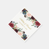 の結婚水彩フローラブルゴーニュ青金ゴールド スタンダードカクテルナプキン (角)