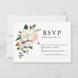 の結婚水彩マグノリアス・ピンク・ローズ 出欠カード