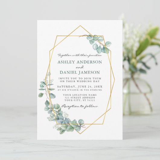 の結婚水彩ユーカリ緑の金ゴールド枠 招待状 (スタンド正面)