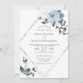 の結婚水彩埃っぽい青いフローラシルバーフレーム 招待状 (正面)