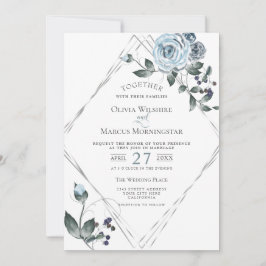 の結婚水彩埃っぽい青いフローラシルバーフレーム 招待状