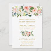 の結婚水彩桃色フローラ金ゴールド写真 招待状 (正面)