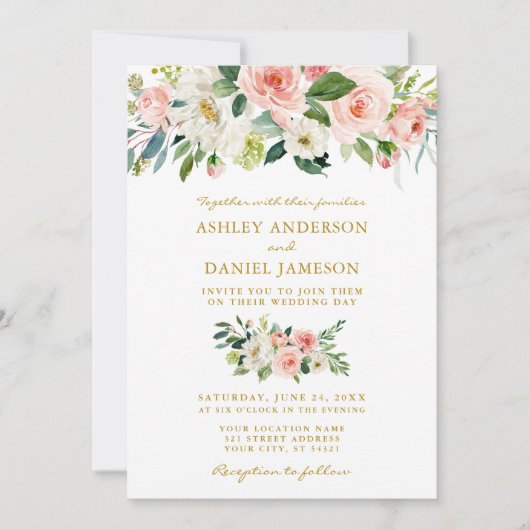 の結婚水彩桃色フローラ金ゴールド写真 招待状 (正面)