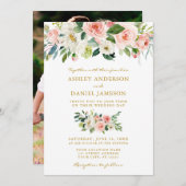 の結婚水彩桃色フローラ金ゴールド写真 招待状 (正面/裏面)