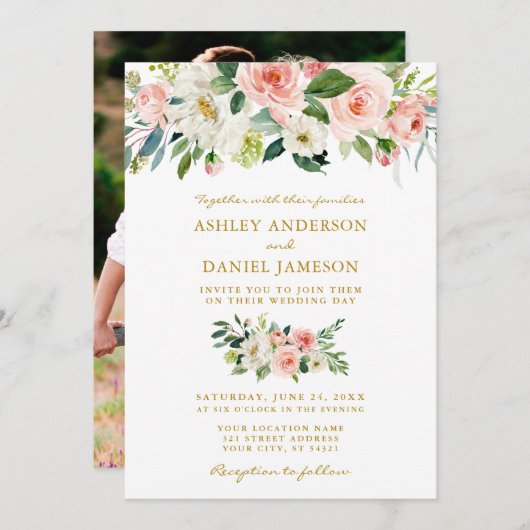 の結婚水彩桃色フローラ金ゴールド写真 招待状 (正面/裏面)