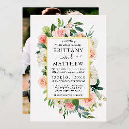 の結婚水彩桃色ホワイトフローラ写真金ゴールド 箔招待状