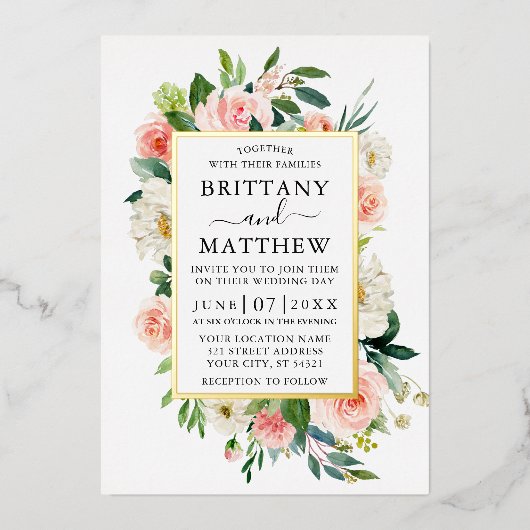 の結婚水彩桃色ホワイトフローラ写真金ゴールド 箔招待状 (正面)