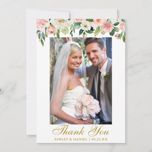 の結婚水彩桃色赤面写真金ゴールド サンキューカード (正面)