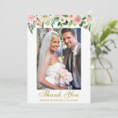 の結婚水彩桃色赤面写真金ゴールド サンキューカード (スタンド正面)