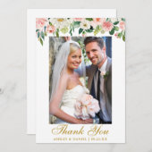 の結婚水彩桃色赤面写真金ゴールド サンキューカード (正面/裏面)