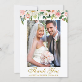 の結婚水彩桃色赤面写真金ゴールド サンキューカード