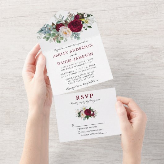 の結婚水彩燃えるフローラ緑 オールインワン招待状 (貼ってはがせる)