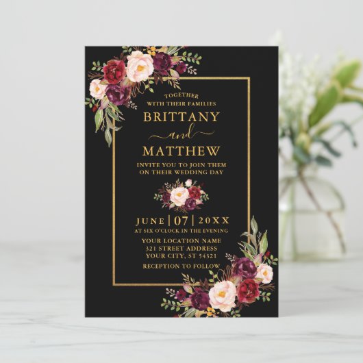 の結婚水彩画フローラフォトブラック 招待状 (スタンド正面)