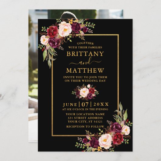 の結婚水彩画フローラフォトブラック 招待状 (正面/裏面)