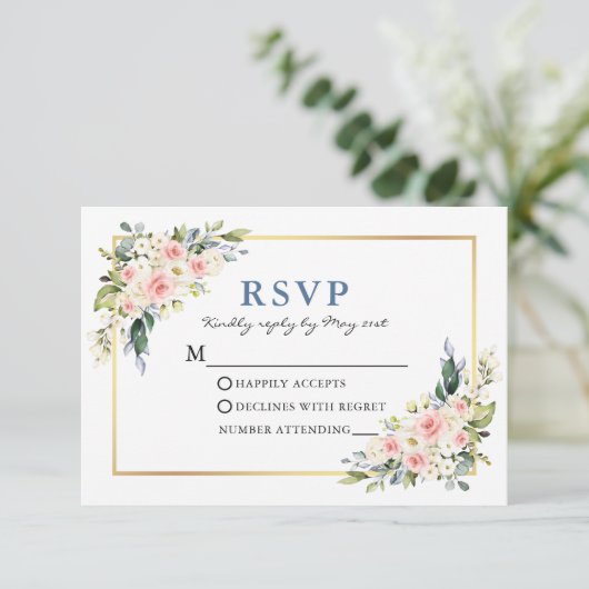 の結婚水彩白色ピンクフローラダスティブルー 出欠カード (スタンド正面)