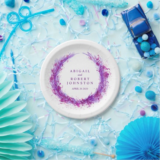 の結婚水彩紫リース名紙プレート ペーパープレート (パーティー)