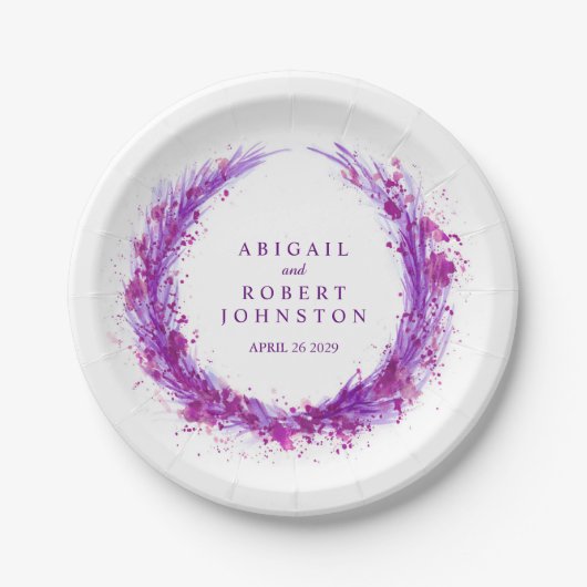 の結婚水彩紫リース名紙プレート ペーパープレート (正面)