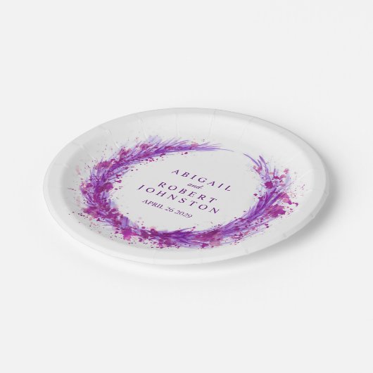 の結婚水彩紫リース名紙プレート ペーパープレート (アングル)