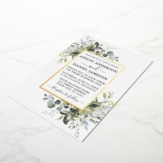 の結婚水彩緑のセージ緑の金ゴールド 箔招待状 (回転した状態)