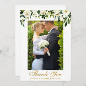 の結婚水彩緑の白フローラ写真金ゴールド サンキューカード (正面/裏面)
