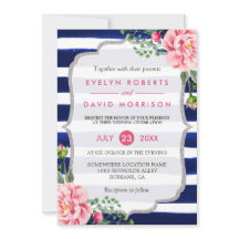 の結婚水彩色フローラシルバーネイビーブルーストライプズ