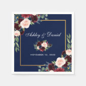 の結婚水彩色ブルゴーニュ青フローラ金ゴールド スタンダードカクテルナプキン (正面)