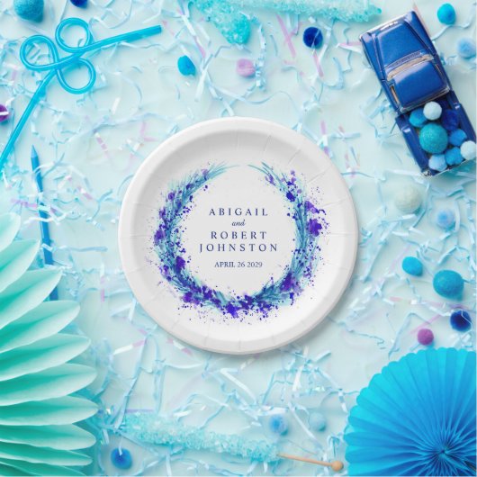 の結婚水彩青リース名紙プレート ペーパープレート (パーティー)