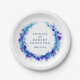 の結婚水彩青リース名紙プレート ペーパープレート