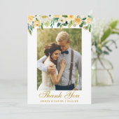 の結婚水彩黄色フローラ写真金ゴールド サンキューカード (スタンド正面)