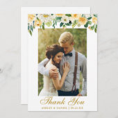 の結婚水彩黄色フローラ写真金ゴールド サンキューカード (正面/裏面)