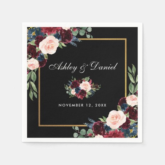 の結婚水彩黒地フローラブラック金ゴールド スタンダードカクテルナプキン (正面)