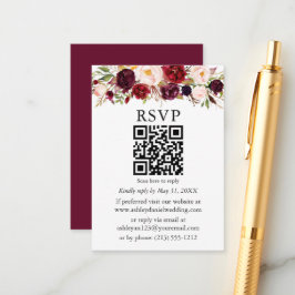 の結婚水色バーガンディフローラQR RSVP エンクロージャーカード