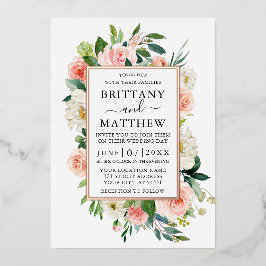 の結婚水色ピンク白フローラバラ金ゴールド 箔招待状