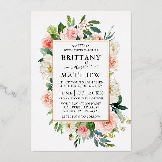 の結婚水色ピンク白フローラバラ金ゴールド 箔招待状 (正面)