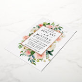 の結婚水色ピンク白フローラバラ金ゴールド 箔招待状 (回転した状態)