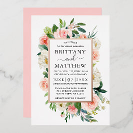 の結婚水色ピンク白フローラバラ金ゴールド 箔招待状