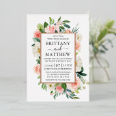 の結婚水色ピンク白フローラバラ金ゴールド 箔招待状 (立ち正面)