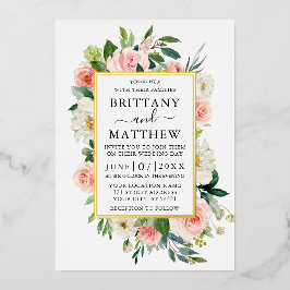 の結婚水色ピンク白フローラ金ゴールド 箔招待状