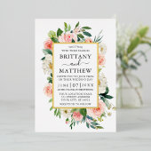 の結婚水色ピンク白フローラ金ゴールド 箔招待状 (立ち正面)