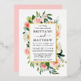 の結婚水色ピンク赤面白フローラ金ゴールド 箔招待状