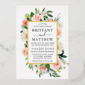 の結婚水色ピンク赤面白フローラ金ゴールド 箔招待状 (正面)