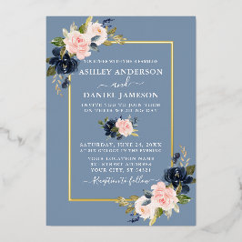 の結婚水色フローラピンクほこりっぽいブルー金ゴールド 箔招待状