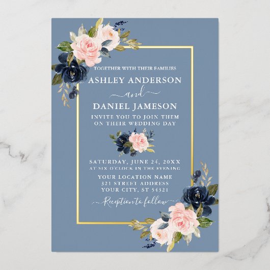 の結婚水色フローラピンクほこりっぽいブルー金ゴールド 箔招待状 (正面)